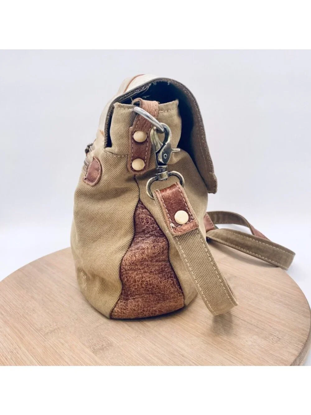 Myra Crossbody Bag Tan Canvas Leather Fold Over Purse Large Western Boho
